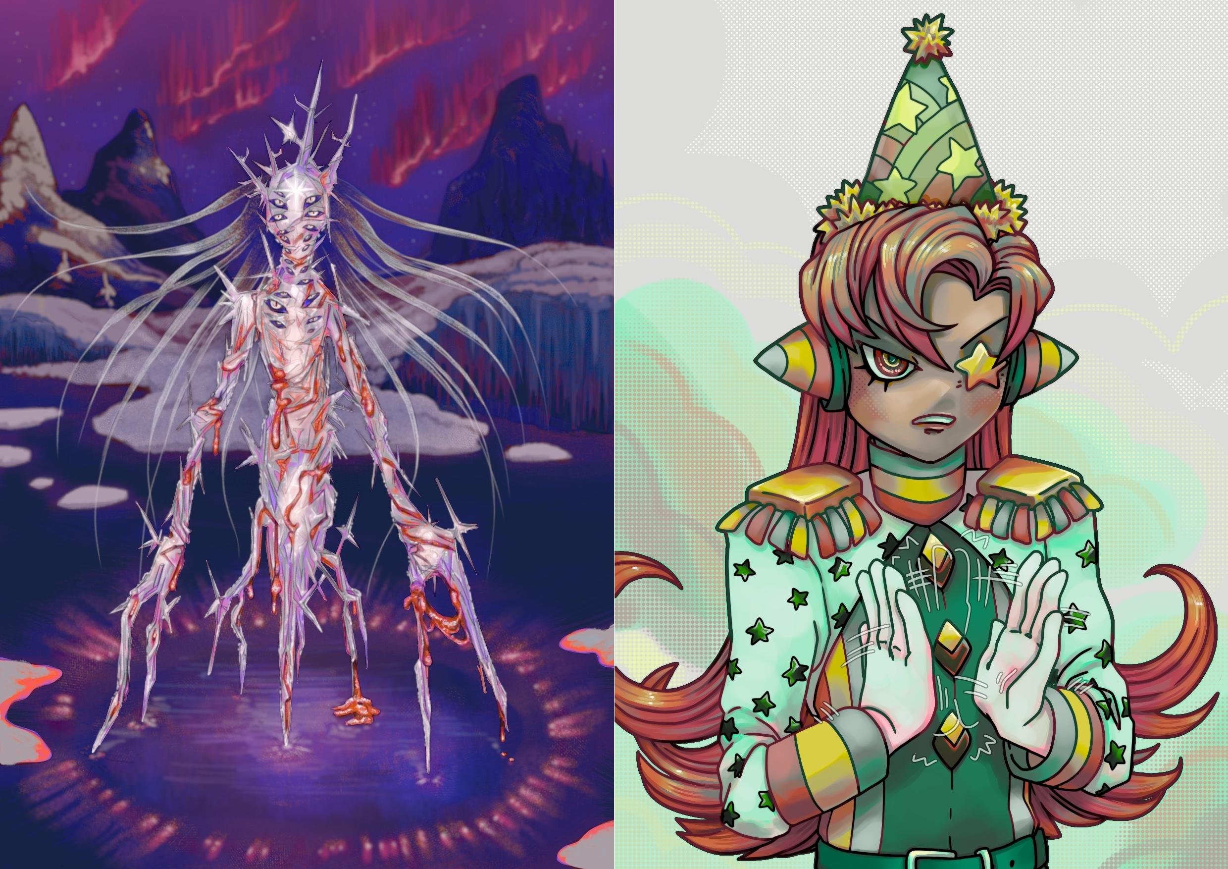 two illustrations side by side. the first is a crystalline monster with wispy hair and multiple limbs with a frozen lake in the background. the second is a jester like character in a military costume wearing a party hat and clapping with a somewhat annoyed expression
