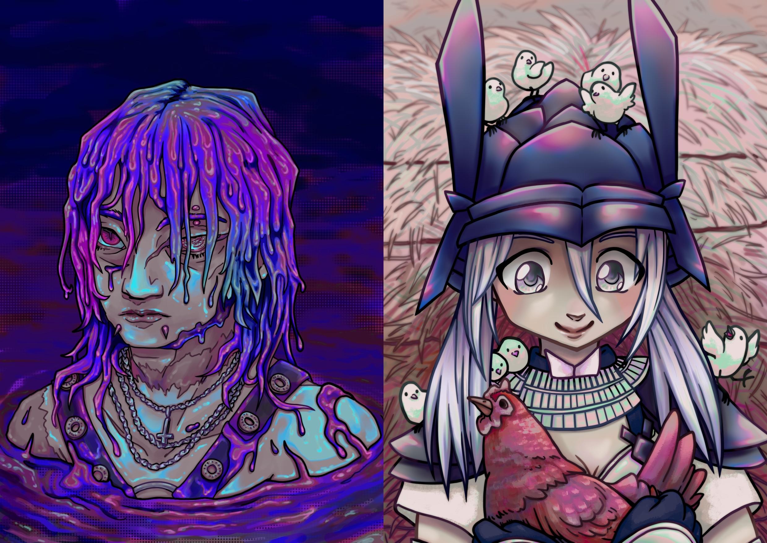 two illustrations side by side. the left is a portrait of a man emerging from a colorful pool with hair rendered as if covered in iridescent oil. the right is an anime character wearing a samurai costume. she is holding a hen with chicks climbing over her armor.