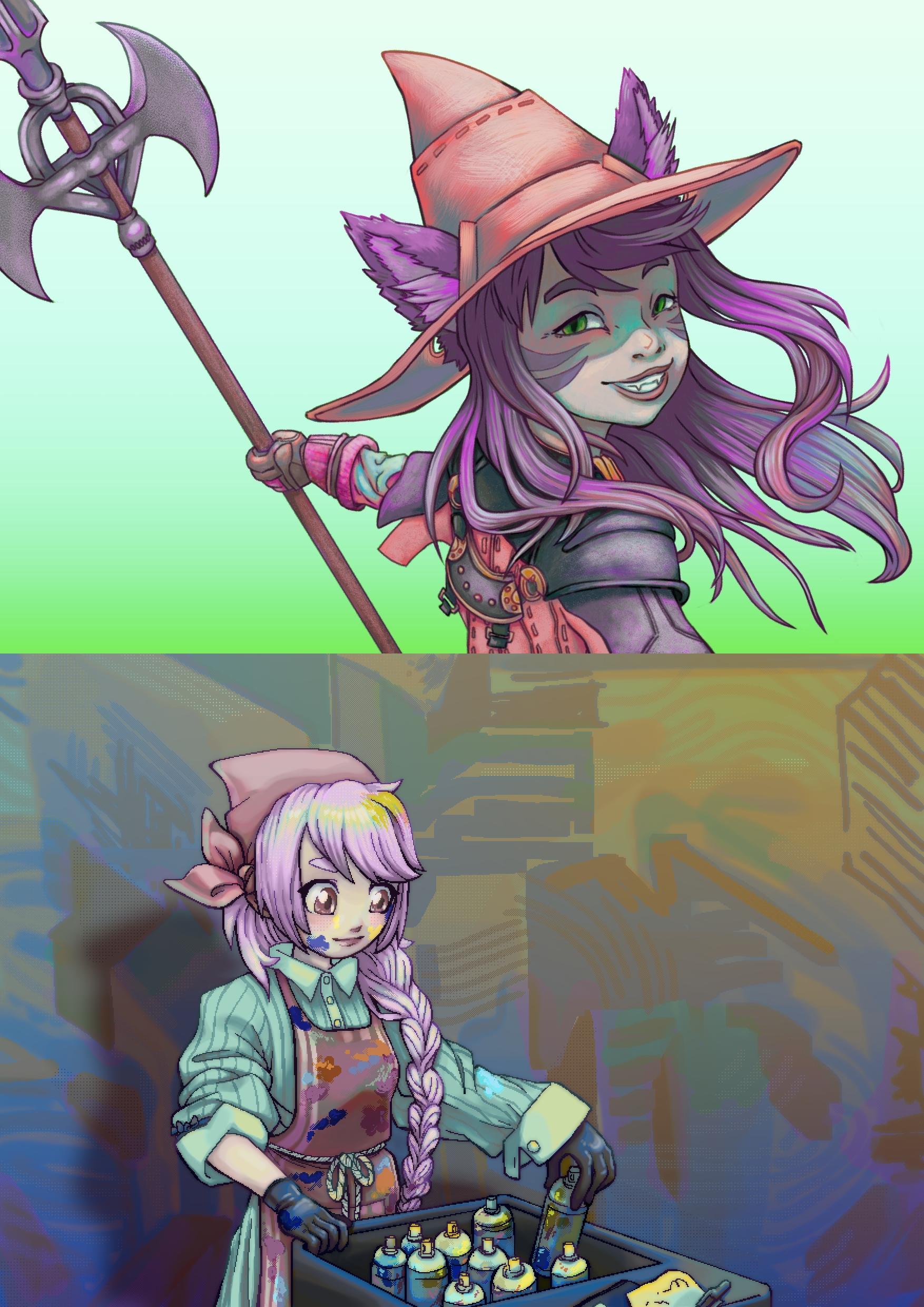 two illustrations one on top of the other. the top is a portrait of a final fantasy XIV character wearing a witch hat looking back towards the viewer and holding onto a halberd. the bottom is a character standing in front of an abstract mural with paint splattered clothing. she is choosing a can of spray paint from a cart containing art supplies