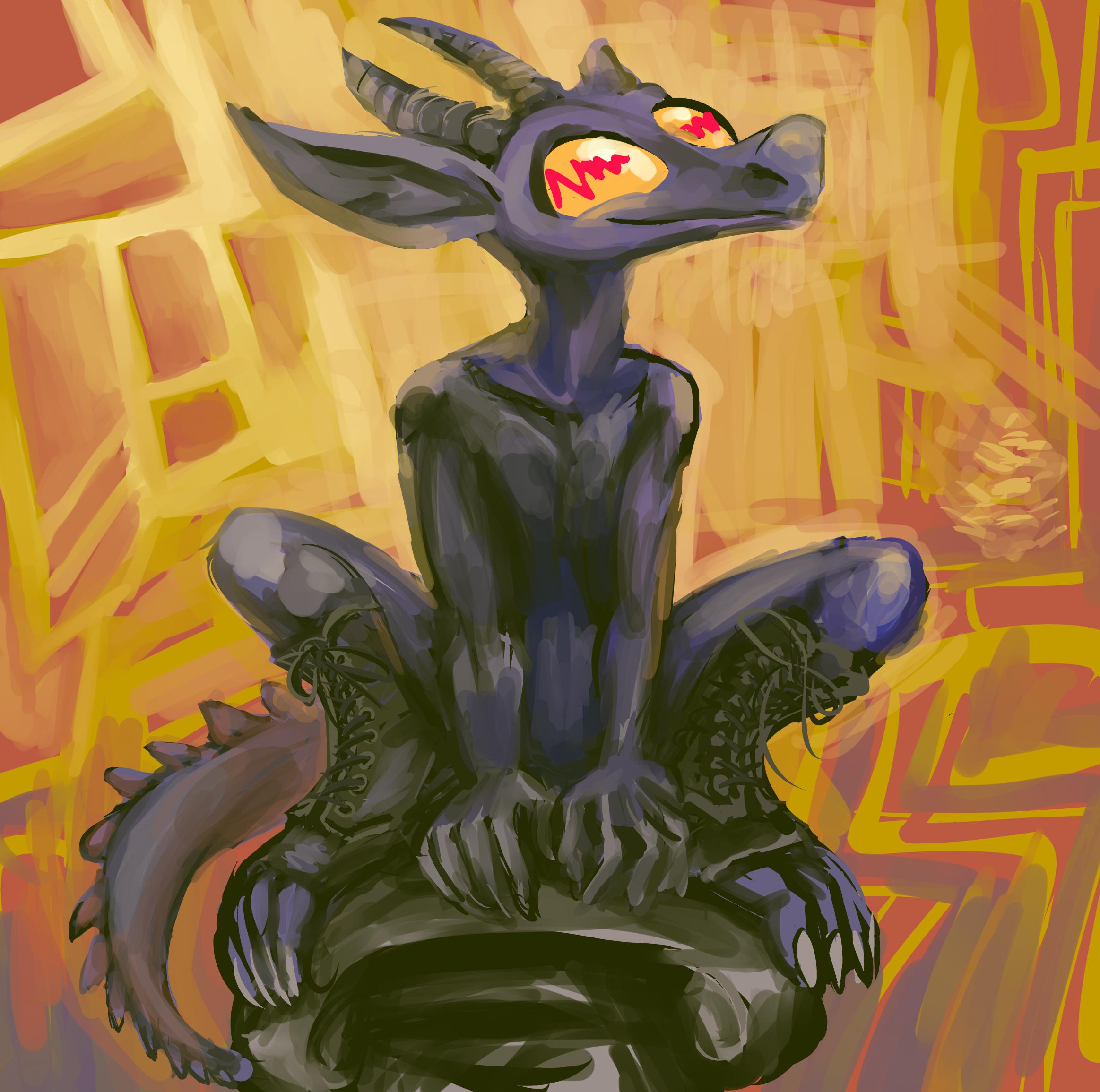 proud corny gargoyle with red graph lines instead of pupils, wearing combat boots with the toe part exposed, perched on a vaguely corinthian column, in front of erratic yellow and red shapes