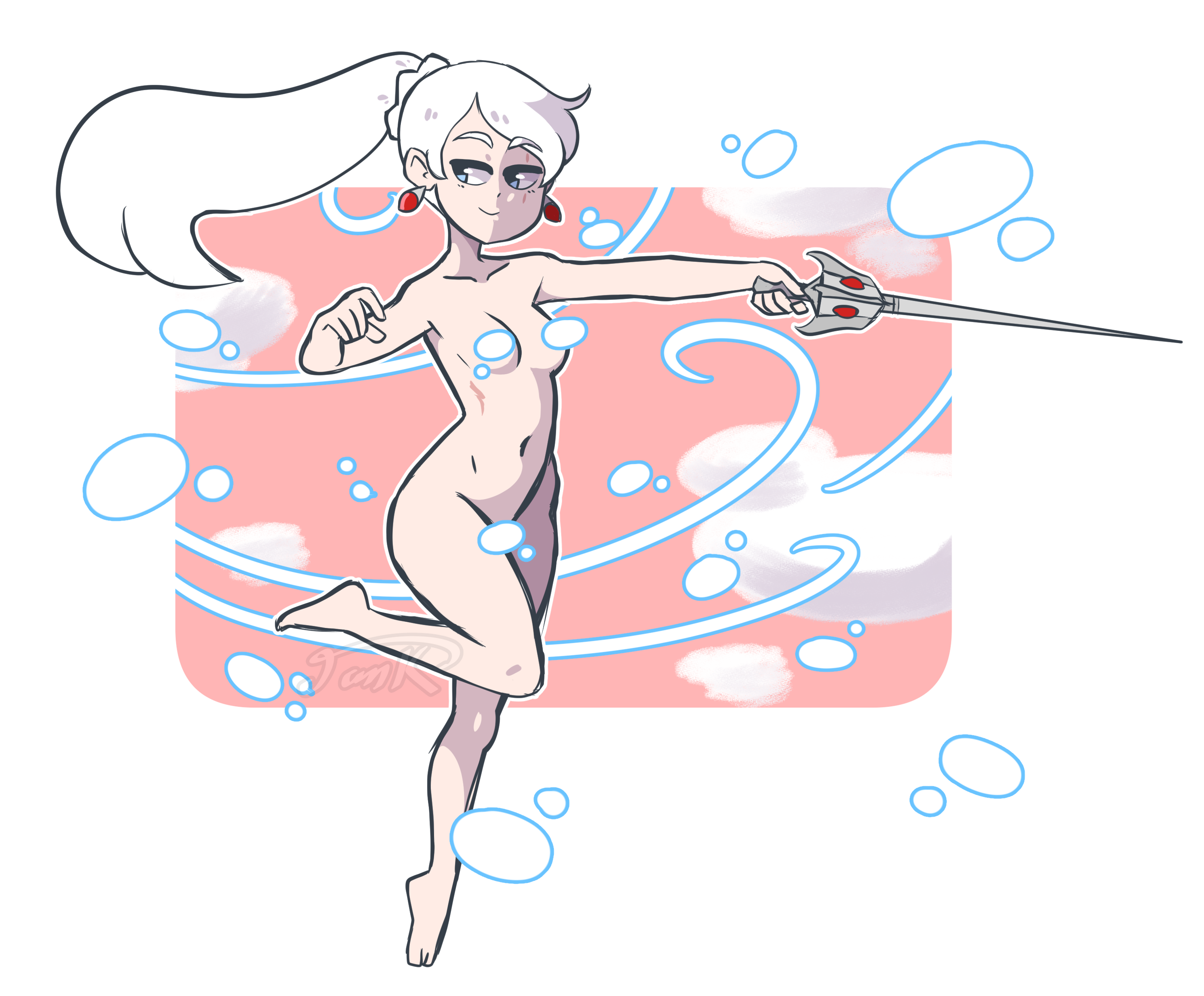 Weiss Schnee from RWBY nude, flying across the sky with her rapier Myrtenaster, surrounded and conveniently covered by floating snowflakes.