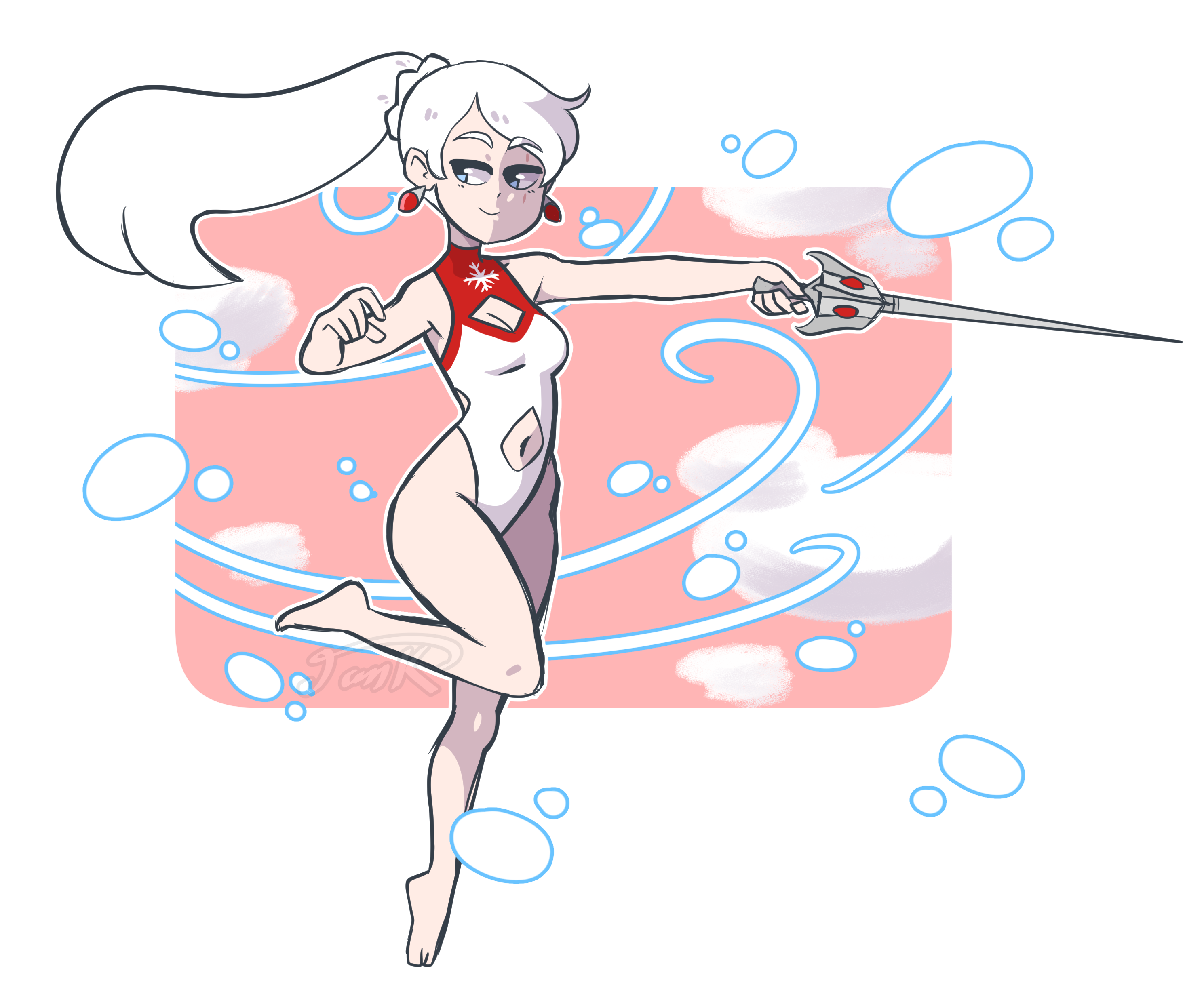 Weiss Schnee from RWBY wearing a one-piece swimsuit, flying across the sky with her rapier Myrtenaster, surrounded by floating snowflakes.