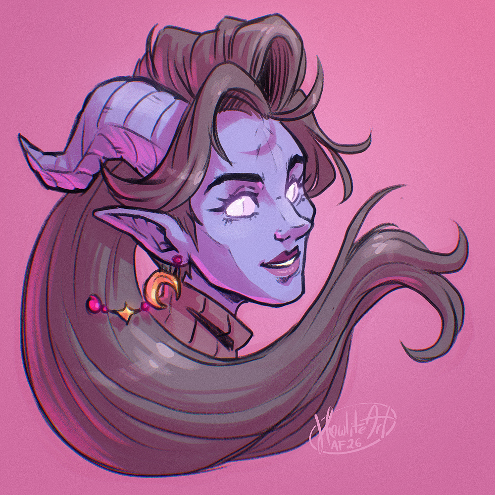 Digital art portrait of a draenei woman with long grey-violet hair, looking slightly behind her. She wears an earring of pink and gold moon and stars.