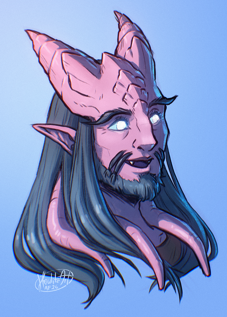 Digital art portrait of a male draenei with lilac skin and long purple hair, a short beard on his chin. He is smiling and looking off-screen.