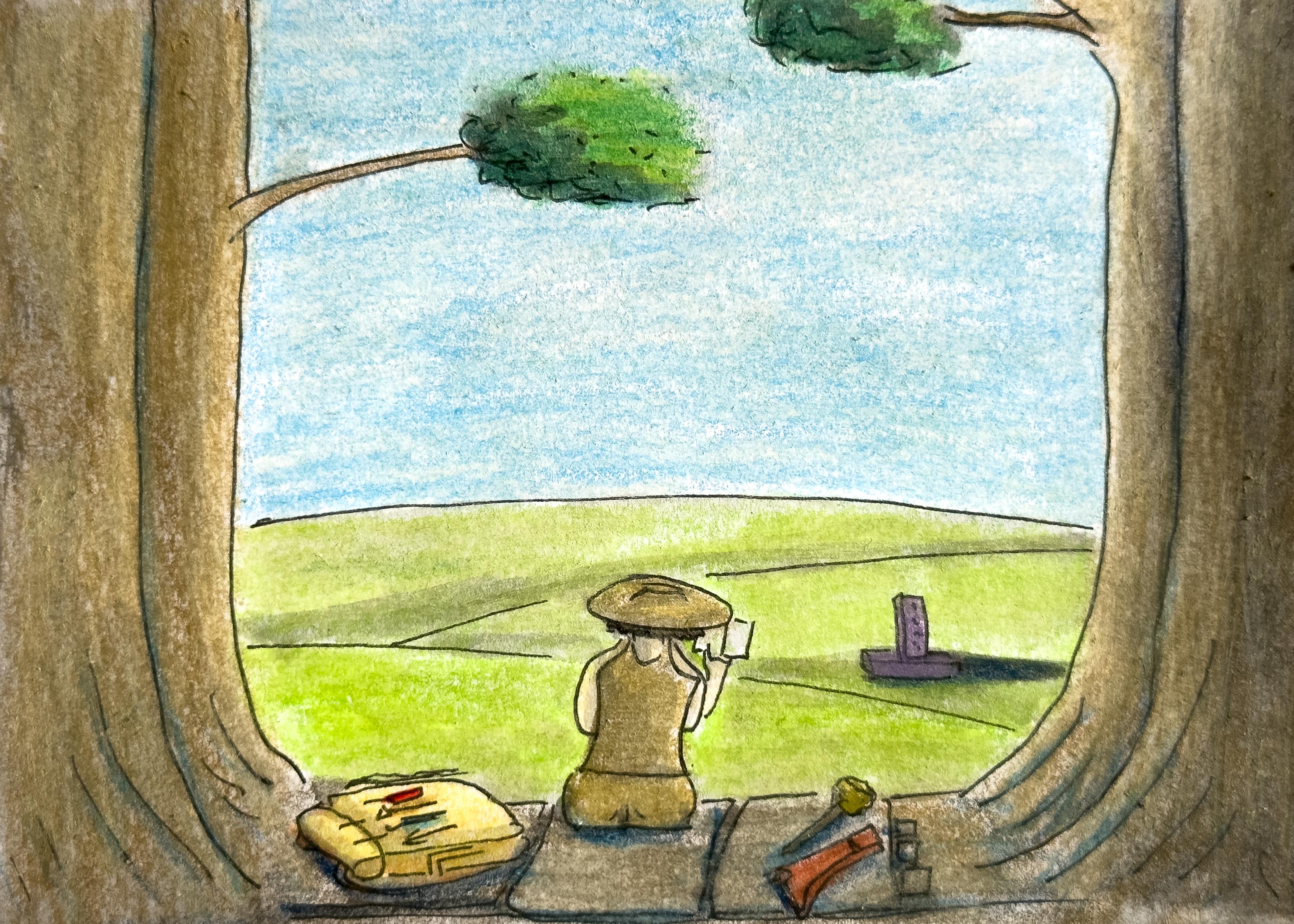 Ink and pencil image of a figure resting at the edge of a forest.