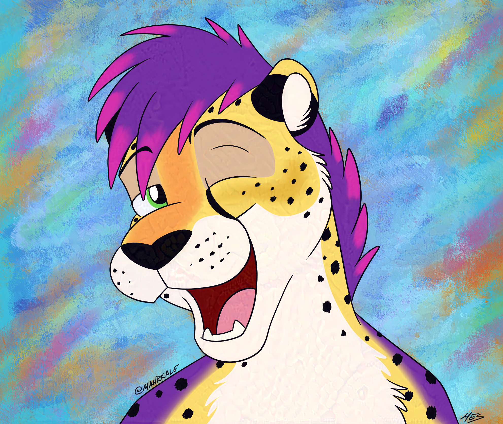 A cartoon cheetah with a purple and pink mane smiling and winking