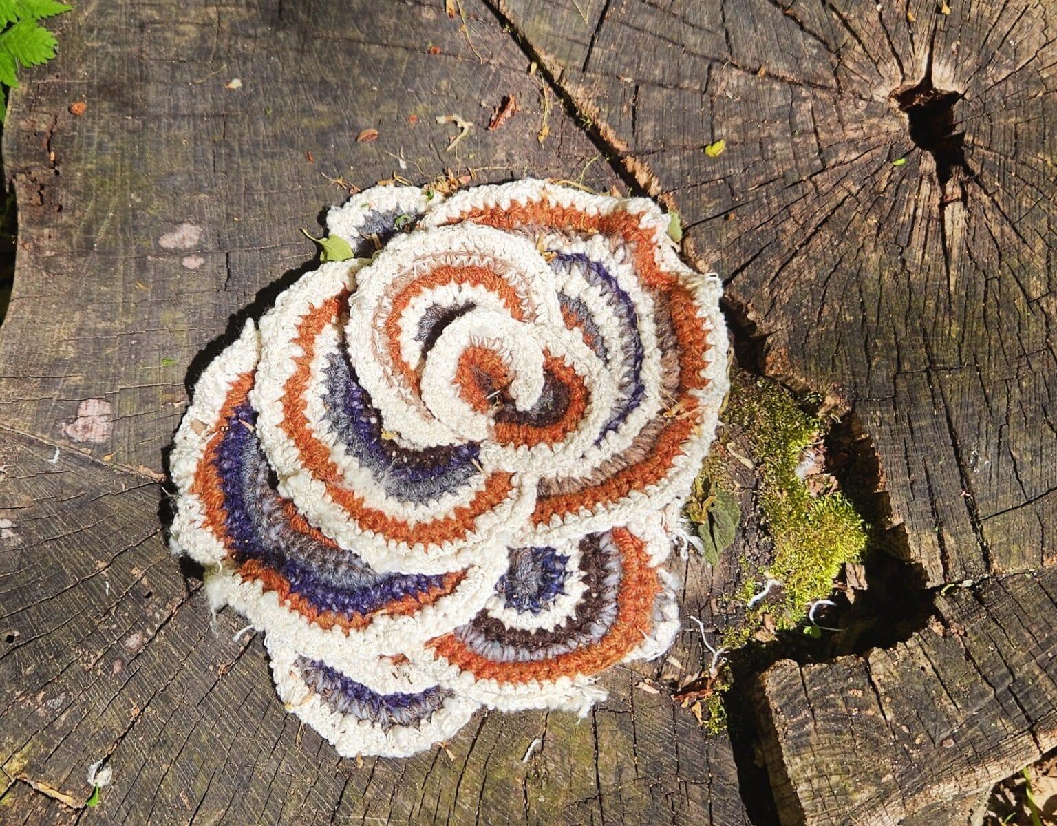 a crocheted version of Turkey tail fungi on a stump in woods in Minnesota