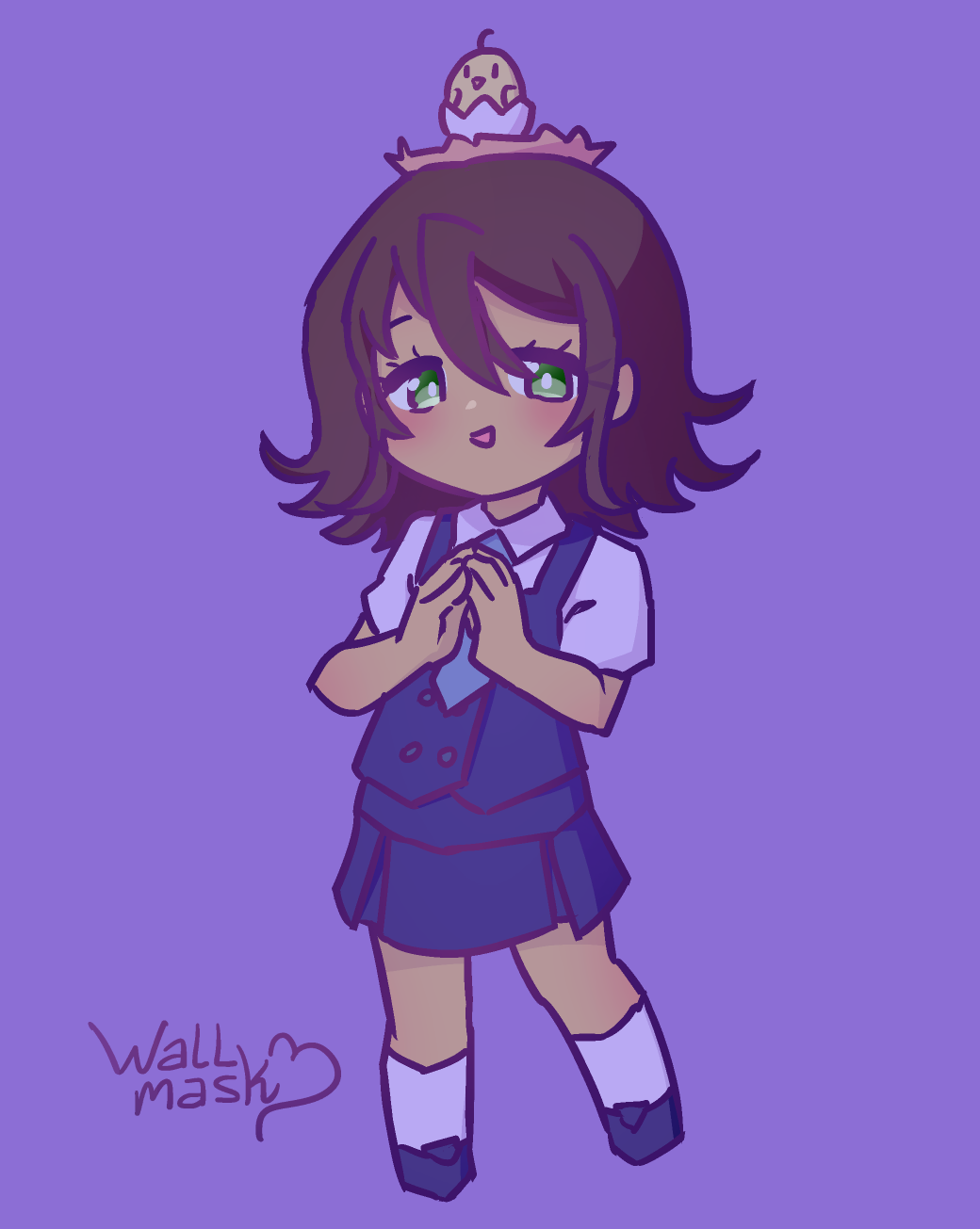 Doodle of a girl in chibi proportions, with her arms together as she blushes to the viewer, and there's a nest with a chick hatching from an egg on her head. The girl is Shio Fukui, ephemeralfermata's original character. She has short brown hair and green eyes, wears a dark blue vest and skirt, a white shirt and green necktie. The chick is not related to the character, I just felt like drawing it.