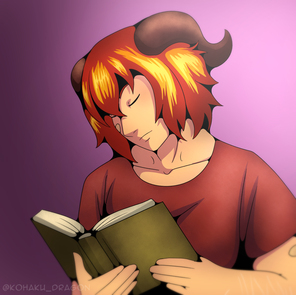 A man with red hair, white skin, two curved horns on the back of his head and wearing a red shirt with some bandaids on his arm and face. He's falling asleep while reading a book.