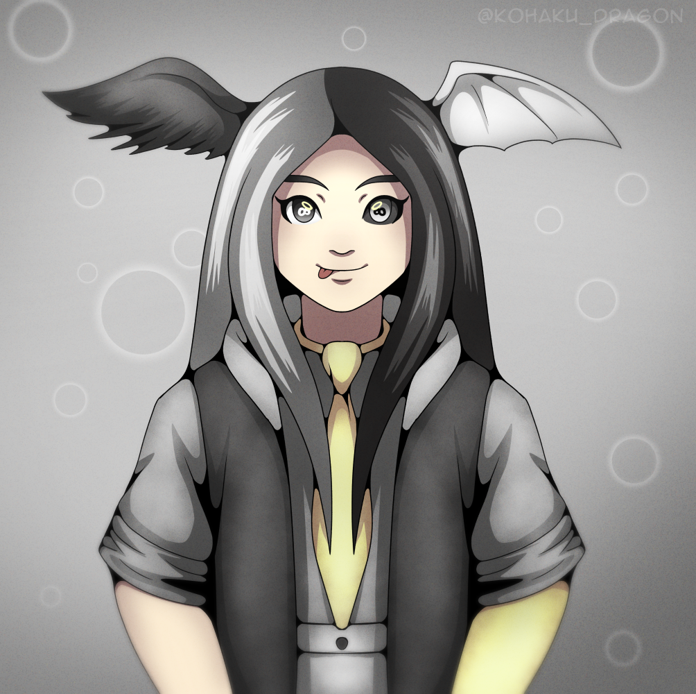 Portrait of a fantasy/scifi god with white skin, one black eye and one white eye, with hair that is half white and half black, and has one white bat wing on the left side of his head and a black feathered wing on the right. He's wearing a black and gray hoodie, white shirt, white pants, a yellow tie and a yellow sleeve on his left arm.