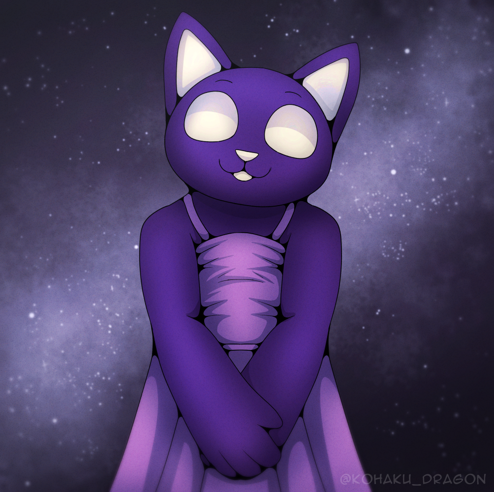 A black cat with yellow eyes wearing a pink dress with a starry sky background.