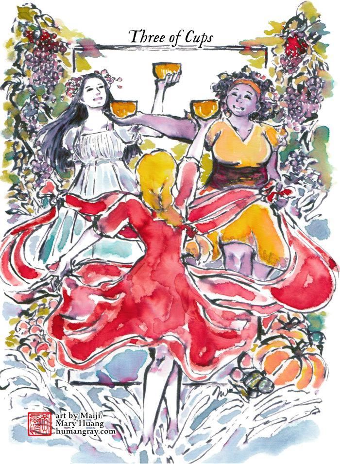 Tarot card rendered in fountain pen inks of vivid colours blended with water. Three of Cups: Three women raising golden bowl-shaped cups, laughing and dancing together in celebration while holding onto a red sash or ribbon connecting the three of them. They're surrounded by lush grapes and other fruits and vegetables, and splashing water with their footsteps. Art by Maiji/Mary Huang - humangray.com