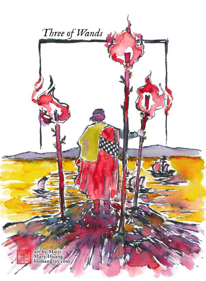 Tarot card rendered in fountain pen inks of vivid colours blended with water. Three of Wands: A man stands on a cliff in front of three flaming staffs set into the earth. He holds on to one of them as he overlooks a sea reflecting a golden sky. Three ships sail along before him. Art by Maiji/Mary Huang - humangray.com