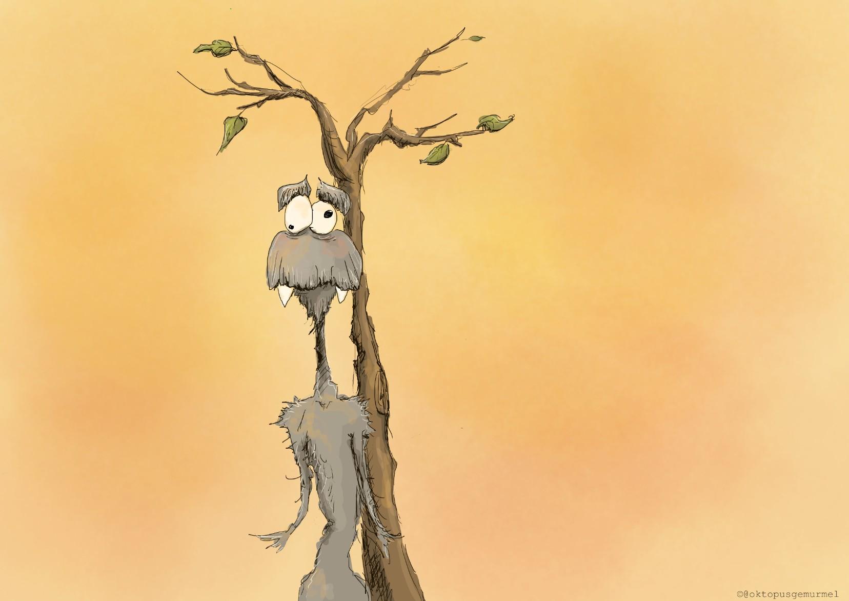 Ein grau-pelziges Comic-Monster, mit wirrem Blick, steht unter einem kargen, kleinen Baum und versucht Schatten zu finden. Der Hintergrund ist in Orange- und Gelbtönen gehalten.