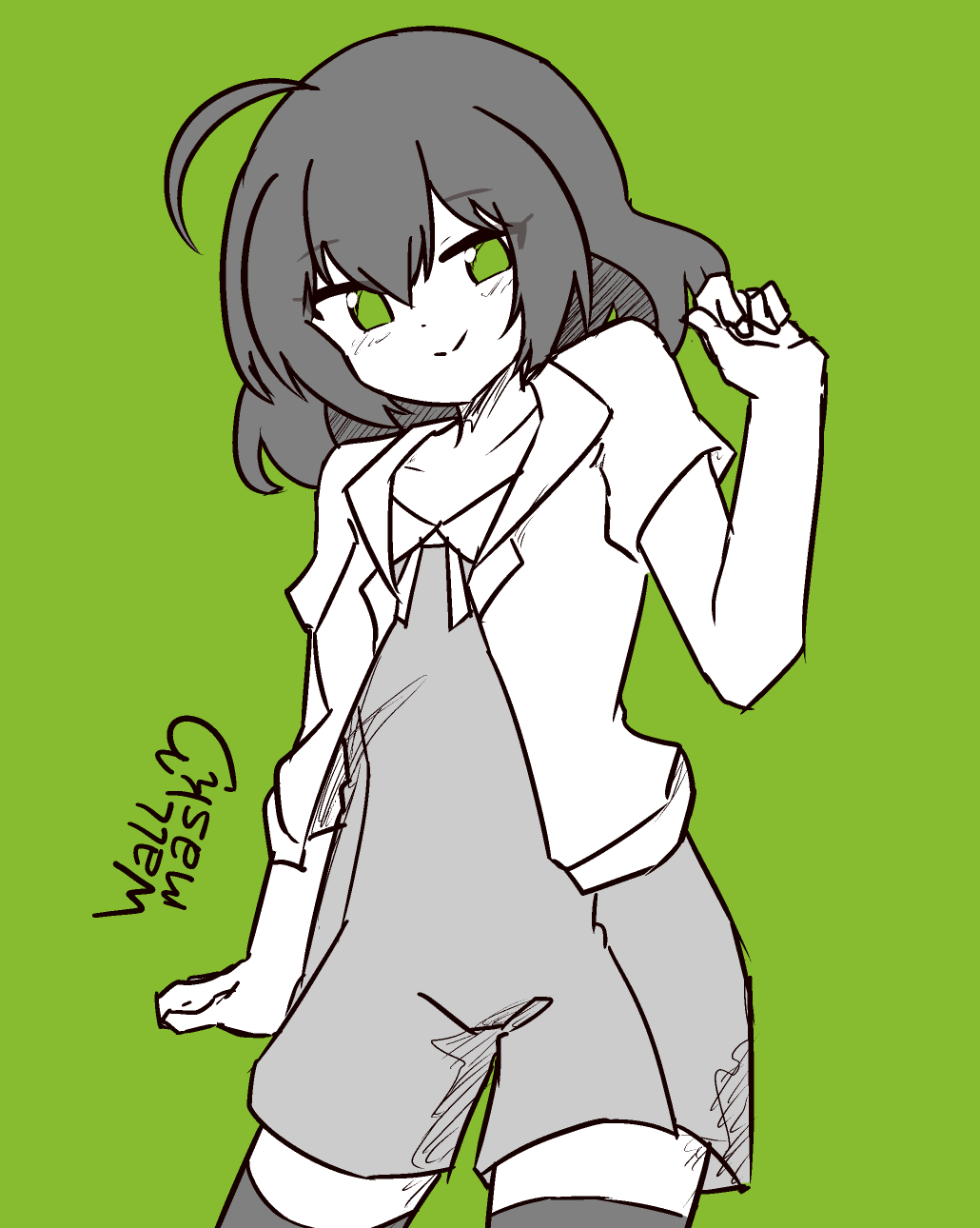 A partially monochrome art of my original character Purple Ayu, drawn without purple. The only color in this art is her eyes and the plain background, both being the same shade of green. Ayu Purple's short hair and thighhighs are colored with a darker gray, while her romper is a lighter gray. She uses a short sleeves jacket that is white. She smiles at the viewer with a light blush.