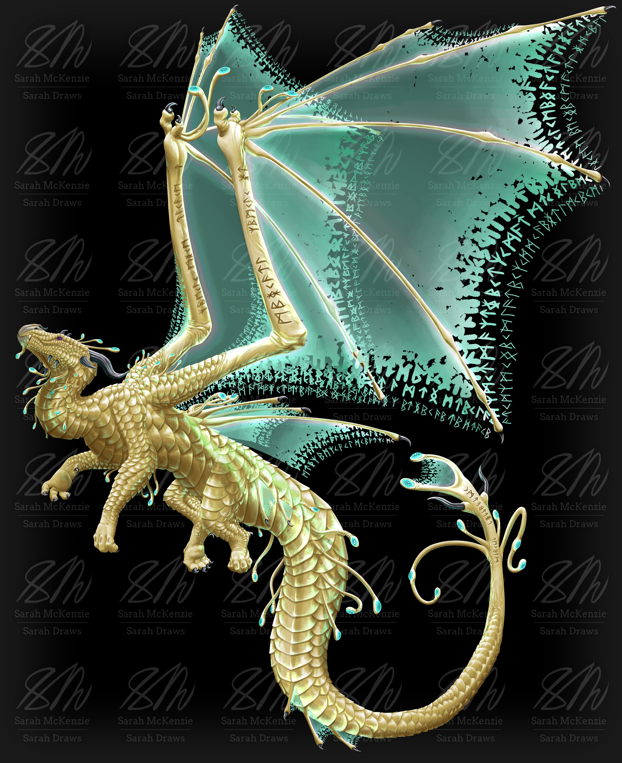 Creature Concept: Starlight Dragon (gold version)

Concept art of a gold-scaled dragon in flight, facing left relative to the POV. Its horns are curved and black, but short in length, and its eyes are deep purple.

Viking-style rune scars are engraved on its knuckles, wings, and tail. Similar runes also make up the fading edges of its magical glowing wings and fins, which are pale cyan in color.

Thin tendrils, the same color as the dragon's scales, sprout from multiple regions of its body, including the top of the head, chin, neck, elbows, tail, shoulders, and wing tips. Each tendril is tipped with a small jewel-like orb that matches the cyan wings in color. These also glow with a slight bioluminescence.

Art by @Sarah_Draws.
