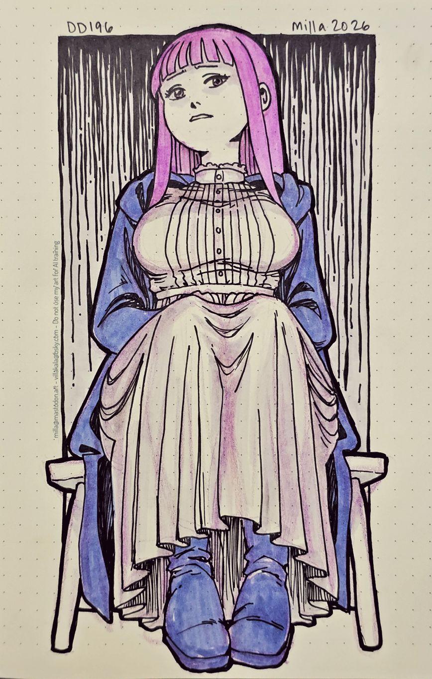 Sketchbook drawing of Fern from the anime Frieren: Beyond Journey's End. She's a purple-haired woman wearing a white buttoned dress and a dark hooded jacket. She's drawn sitting on a stool, being viewed from a low angle, with a disgusted and disappointed look on her face.