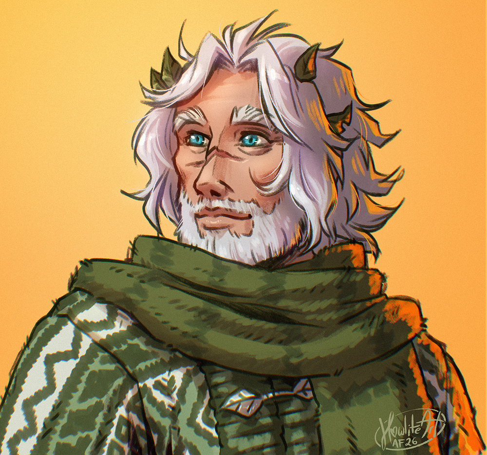 Digital art portrait of an older man with chin-length white hair and a short beard, dressed in a fuzzy green sweater and scarf, with leaves in his hair.