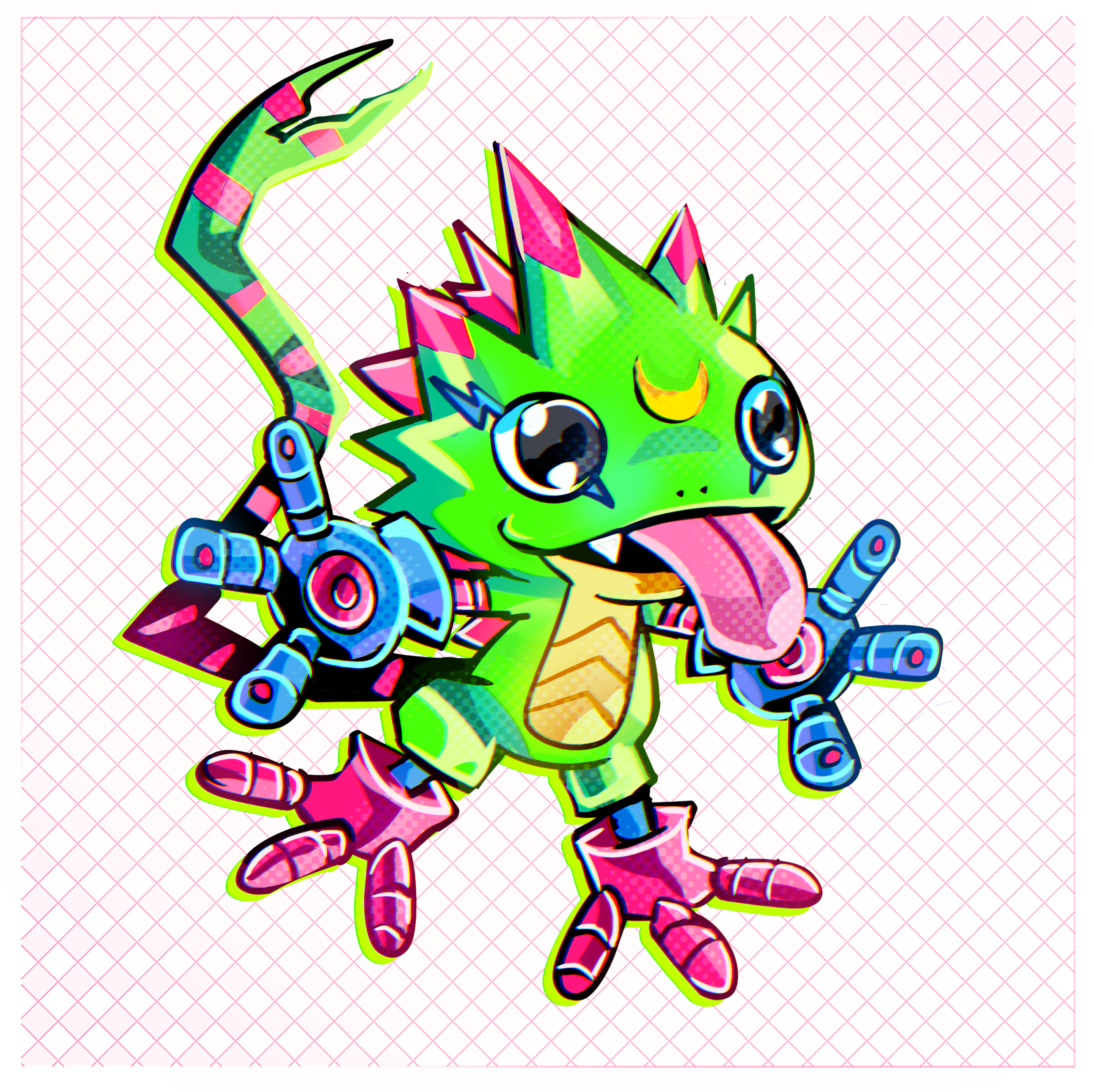 Digital drawing of the igitmon Gekkomon, a creature resembling a cartoon green lizard, witth pink highlights and mechanic like hands blue hands and pink feet.