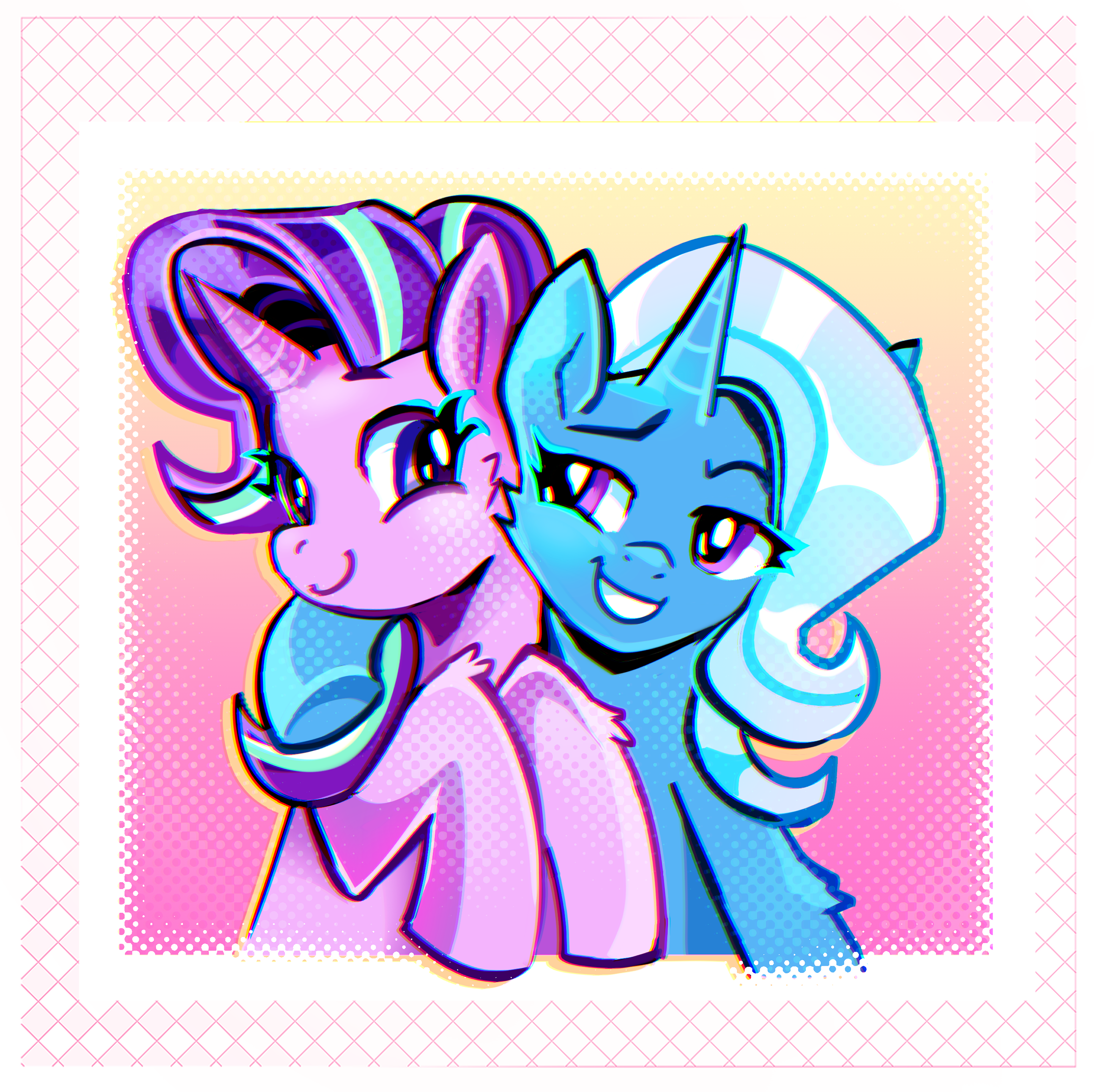 Digital drawing of Starilight and Trixie, a violent and a blue cartoon unicorns from My Little Pony. Trixie has a hoof around Starlight's shoulder, the size of their faces touching as both smile.