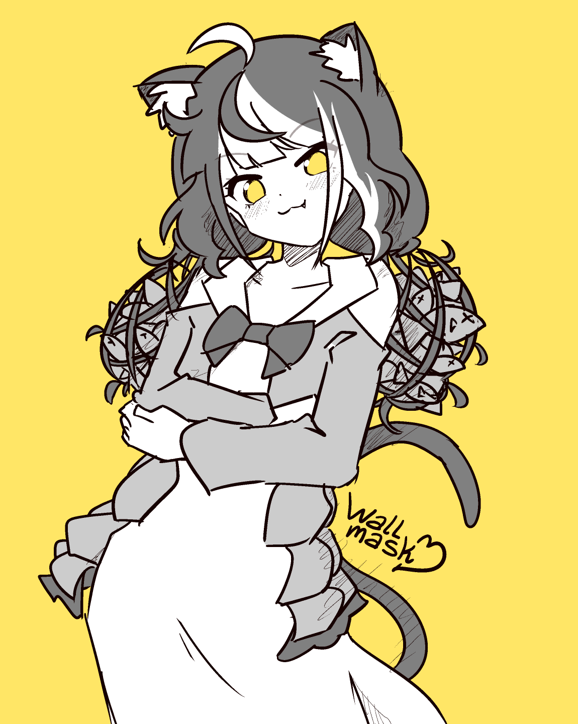 A drawing of a cat girl with long hair using her hair as a net to hold fishes. The girl is painted by using only two shades of gray and yellow, the yellow being her eyes and the background. The girl is my original character Koro, a girl with cat ears and tail, very long multicolored black and white hair, wearing a white dress with a jacket over it.