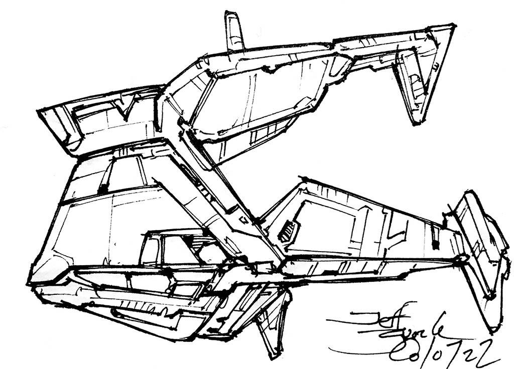 Side view of a highly triangular vehicle looking like a tug. Pyramidal hull at left with long arms reaching aft to right. Overall "expression" of an ox pulling with gritted teeth.