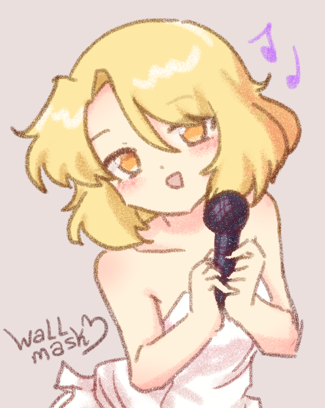 Doodle of a girl with short blonde hair and orange eyes, singing while holding a microphone. She wears a frilled white dress. The girl is Eri, @dodoxoxox.bsky.social 's original character.