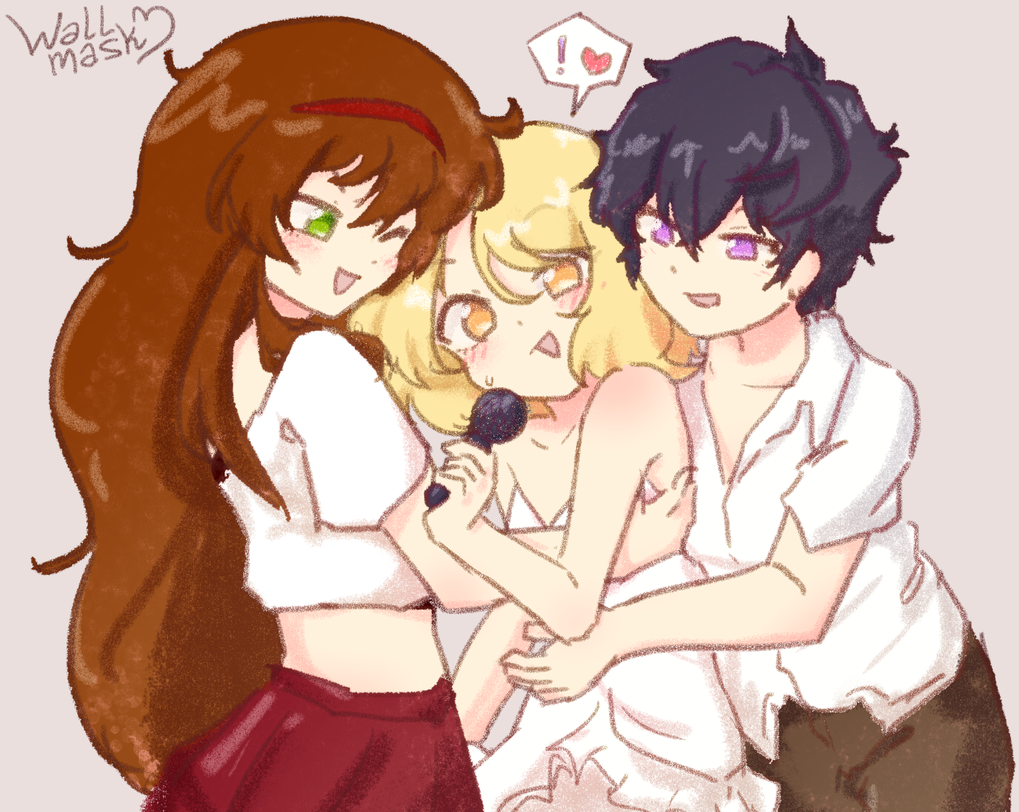 Doodle of a blonde girl Eri getting a hug from her boyfriend Ryu and her friend Mitsumi. Eri has short blonde hair and orange eyes and is wearing a bare shoulders white dress, as she holds a microphone, seems surprised and has a speech bubble with a exclamation point and a heart. Ryu has short dark hair and purple eyes, wears a collared white shirt and brown pants. Mitsumi has very long brown hair, green eyes. wears a red tiara, a red skirt, and a crop top white shirt. Eri, Ryu and Mitsumi are dodoxoxox.bsky.social 's original characters.