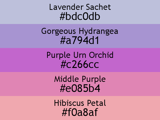 a block of five horizontal color swatches in Lavender Sachet (#bdc0db), Gorgeous Hydrangea (#a794d1), Purple Urn Orchid (#c266cc), Middle Purple (#e085b4), and Hibiscus Petal (#f0a8af).