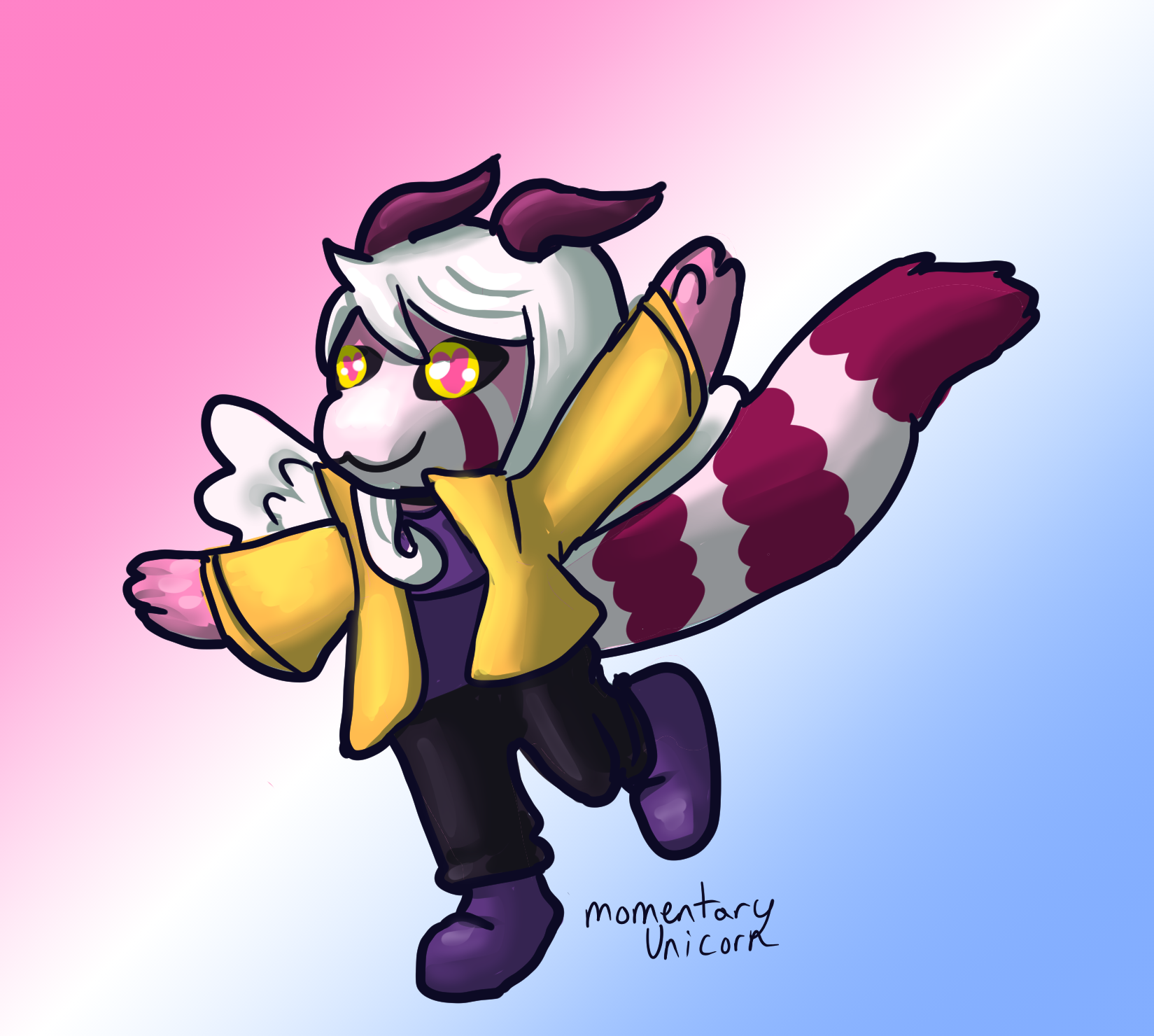 A pink character with a white face and red panda markings on her cheeks and tail.  She has pink heart eyes with yellow sclera.  She has white hair and dark pink horns sticking out from it.  She is wearing a yellow jacket, black pants and purple shoes.  She is in a running pose, like she is playing airplane.