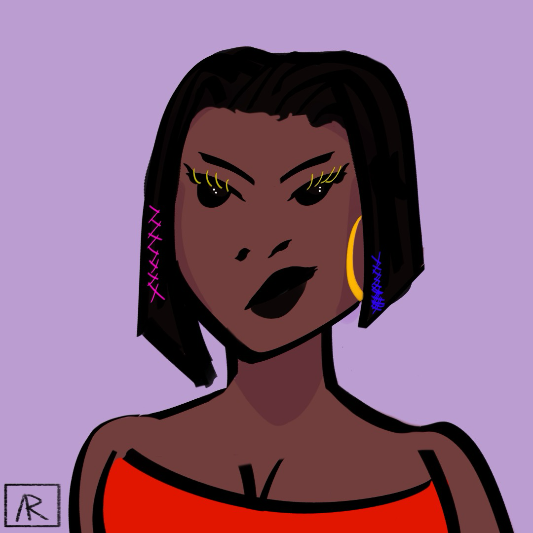a 2d digital doodle portait of a Black femme with an asymmetrical bob and a neutral expression at a 3/4 angle. She’s wearing colorful threads in her hair, neon lime green lashes, and a sleeveless bright blood orange dress with cleavage. The background is lavender and my signature “AR” is in the corner in black.