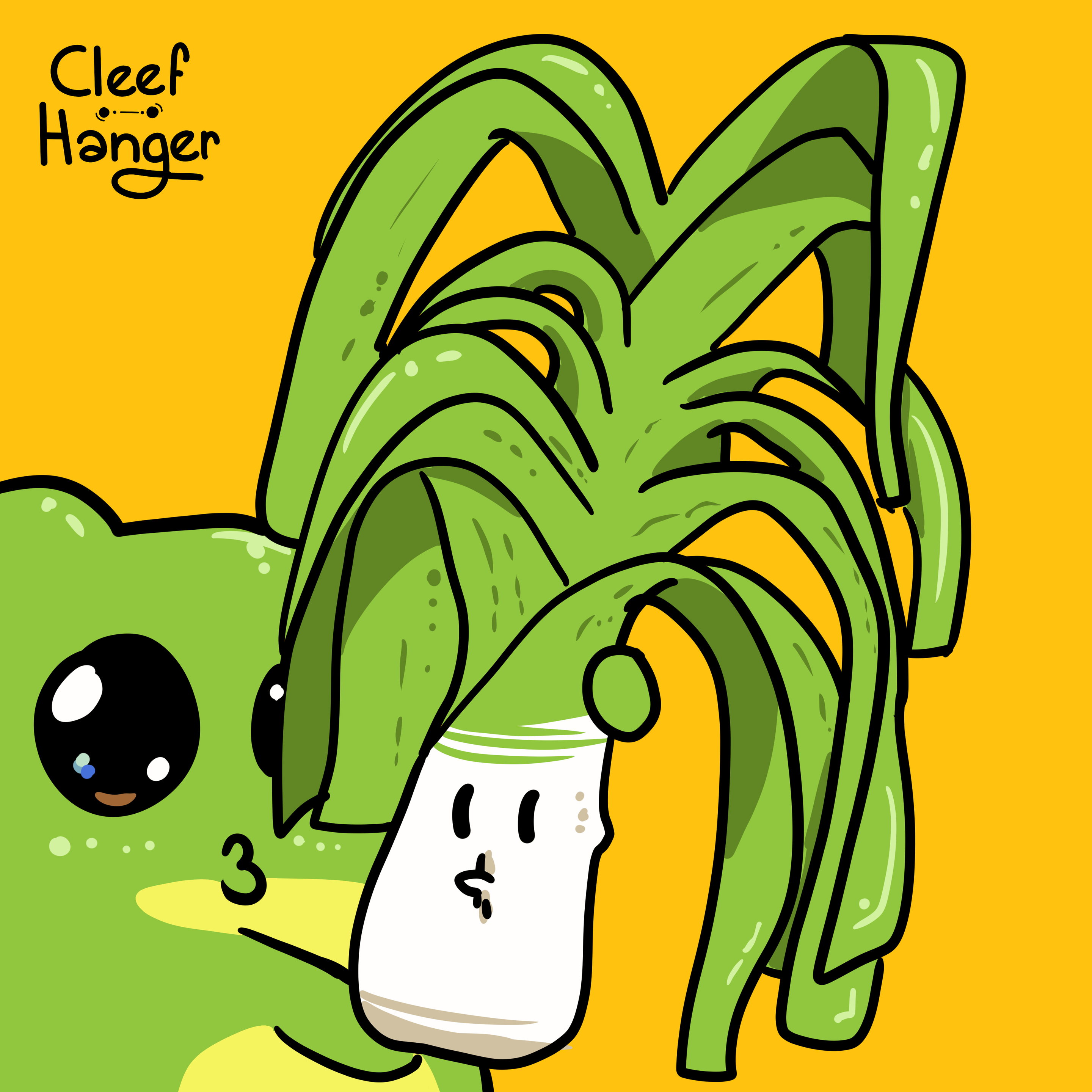 Froggelio holding a massive puerro with lots of leafes.