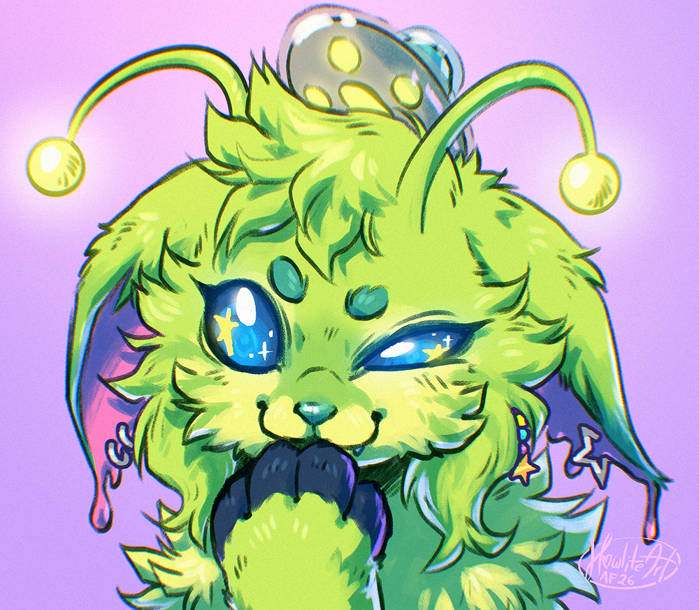 Digital art portrait of a lime green cat-like alien with a paw held up to its michieviously-grinning mouth. It has glowing antennae and a jelly-like UFO floating over its head.
