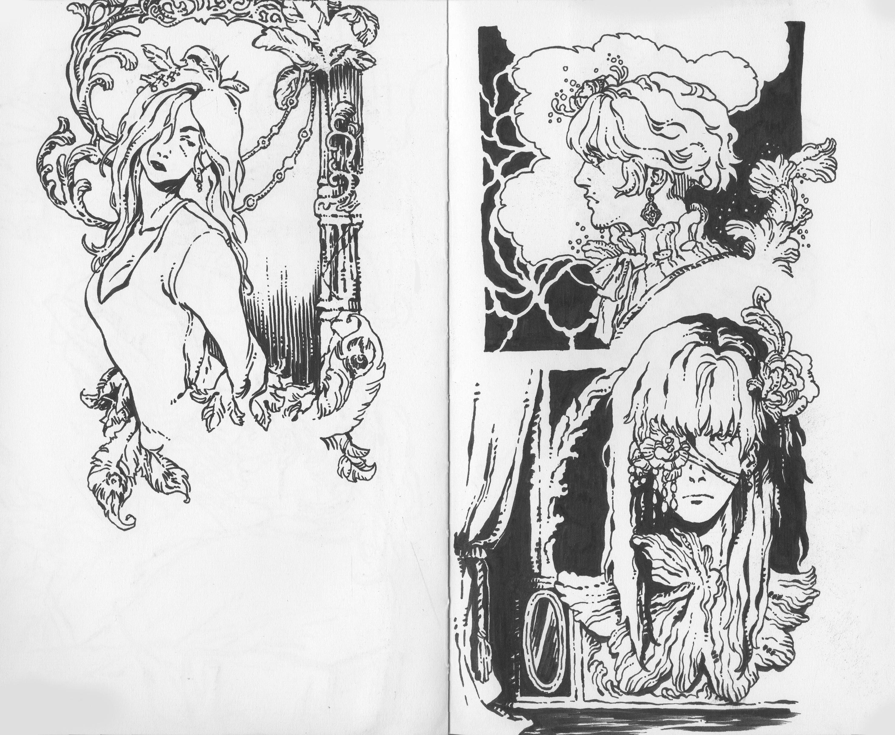 a sketchbook spread of intricate characters inked with a black brushpen.