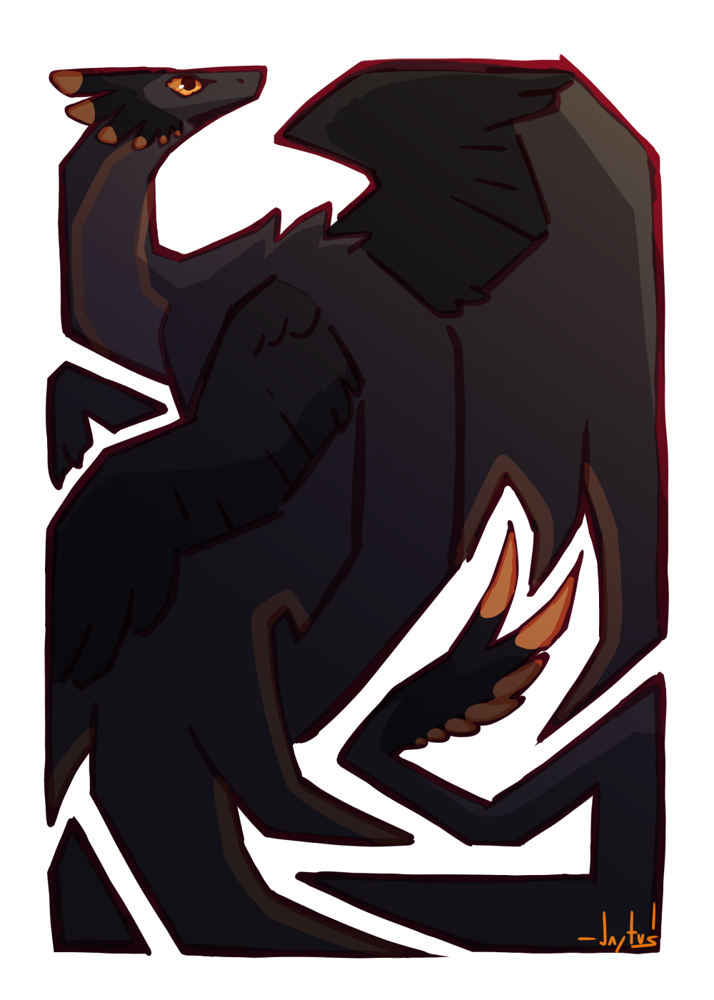 drawing of a dragon character fitted to fill a rectangular canvas. its head is in the top left, body twisting down the middle with large wings on each side, abd a long tail with a feathered tip that fits neatly between the wings. the character us a dark grey with a darker grey feathers on the head, top half of the wings, and tip of the tail. the feathers and eye is accented with bright orange, and a pale orange stripe runs along its side.
