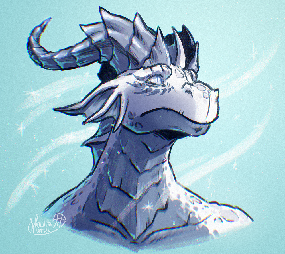 Digital art portrait of a white dracthyr with silver horns, looking solemnly offscreen while snowflakes swirl around him.