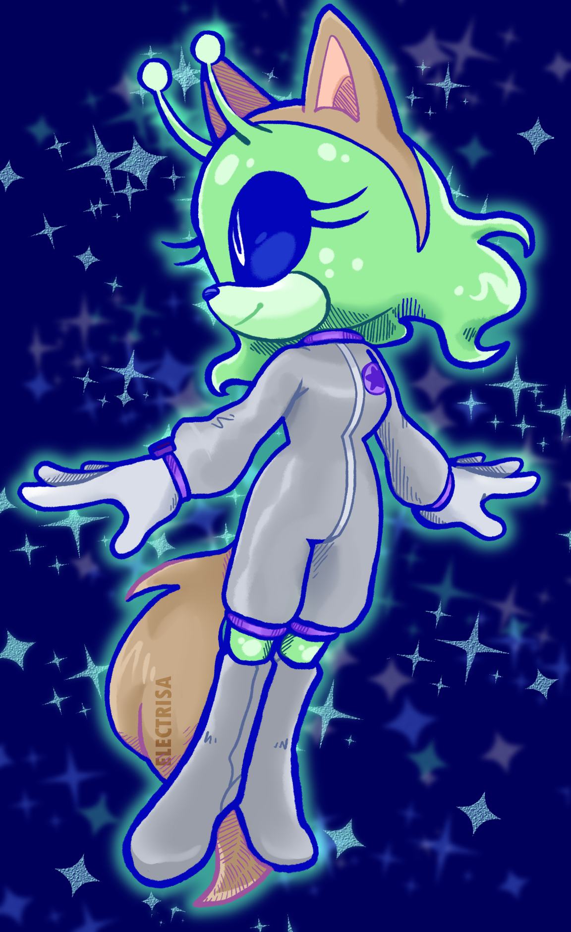 A green, anthropomorphic alien with brown wolf ears and wolf tail attached to their body. Her eyes are deep black with white pupils. She's wearing a shiny, grey spacesuit. She's floating among stars with a dark sky background.