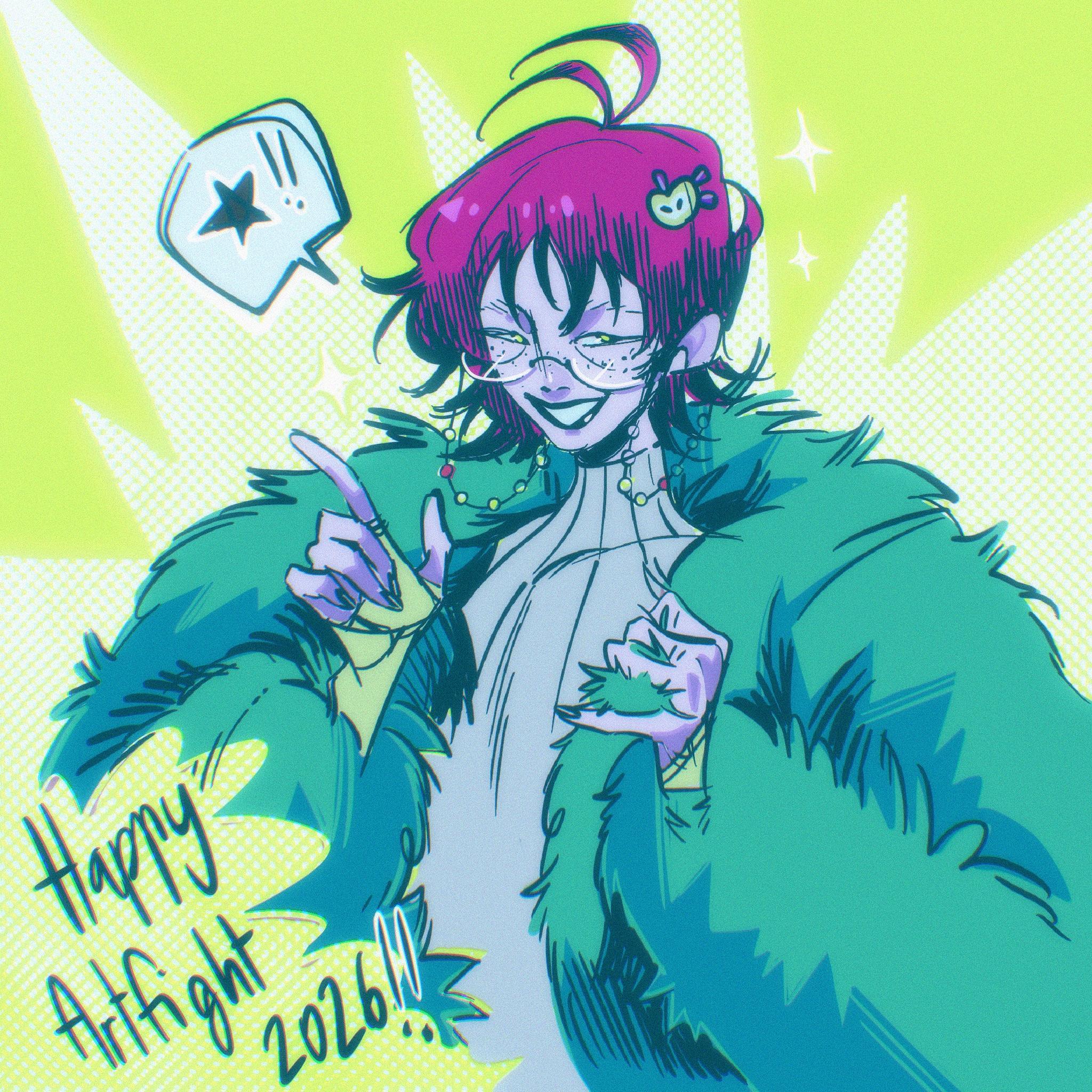 Chunhua Jin by WHICHAWAY. A mischievious character with short red hair, glasses, a beige turtleneck and a green furcoat.
