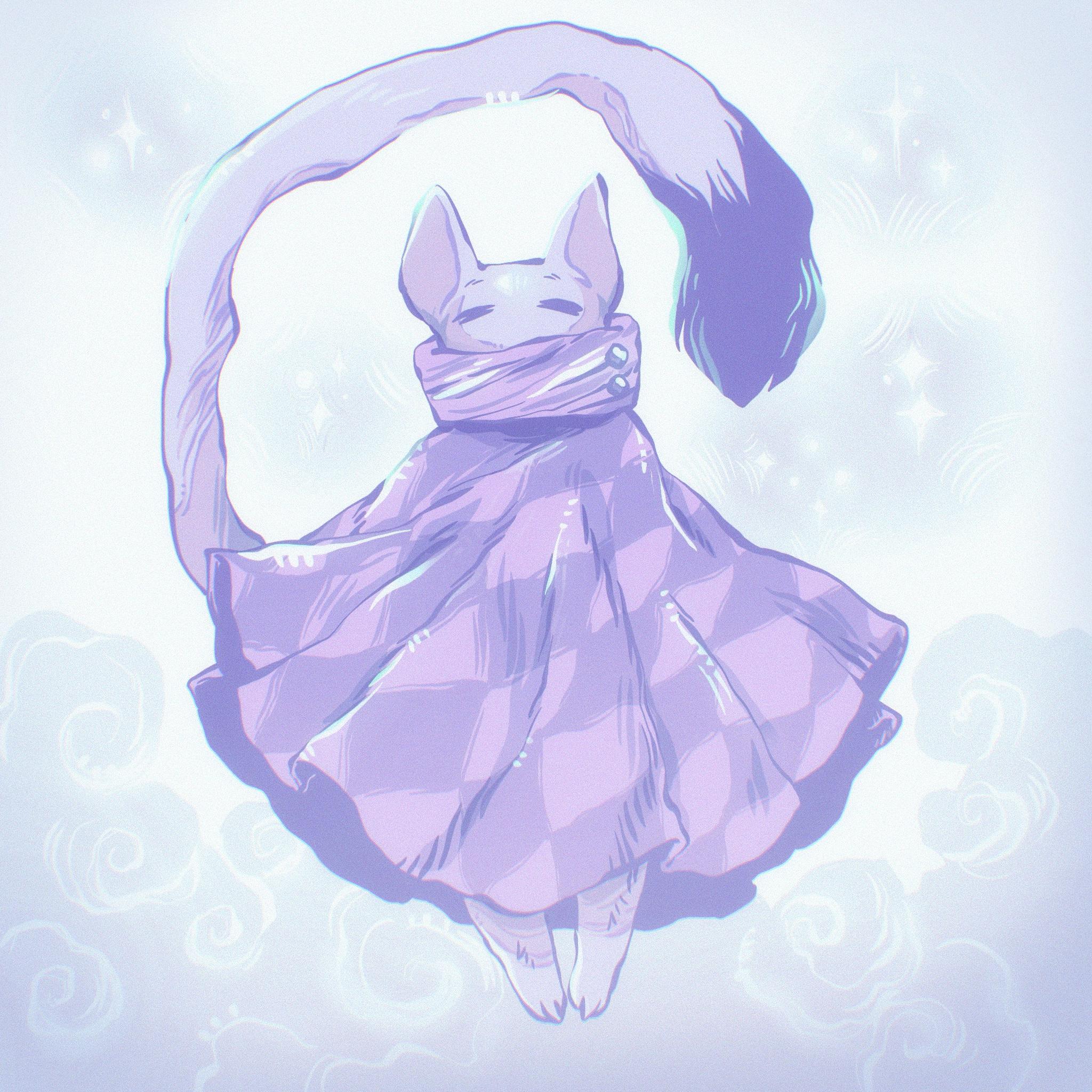 Citrus by sempervirenx. A little white cat-like creature with a light purple checkered cloak.