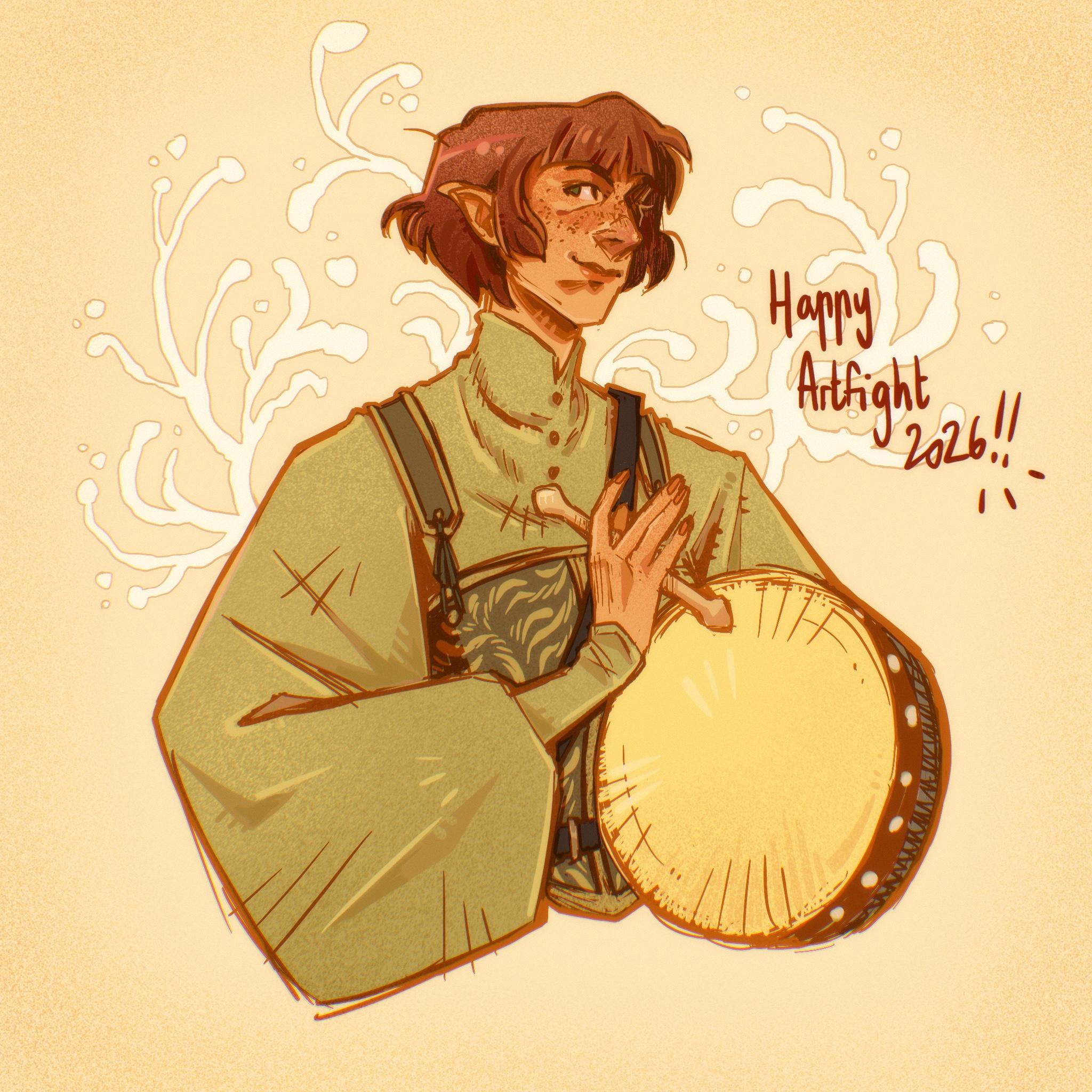 Florence by shekinester. An elf with a brown bob wearing a green shirt with poofy sleeves and an embroidered dark green corset. They're holding a bodhran.