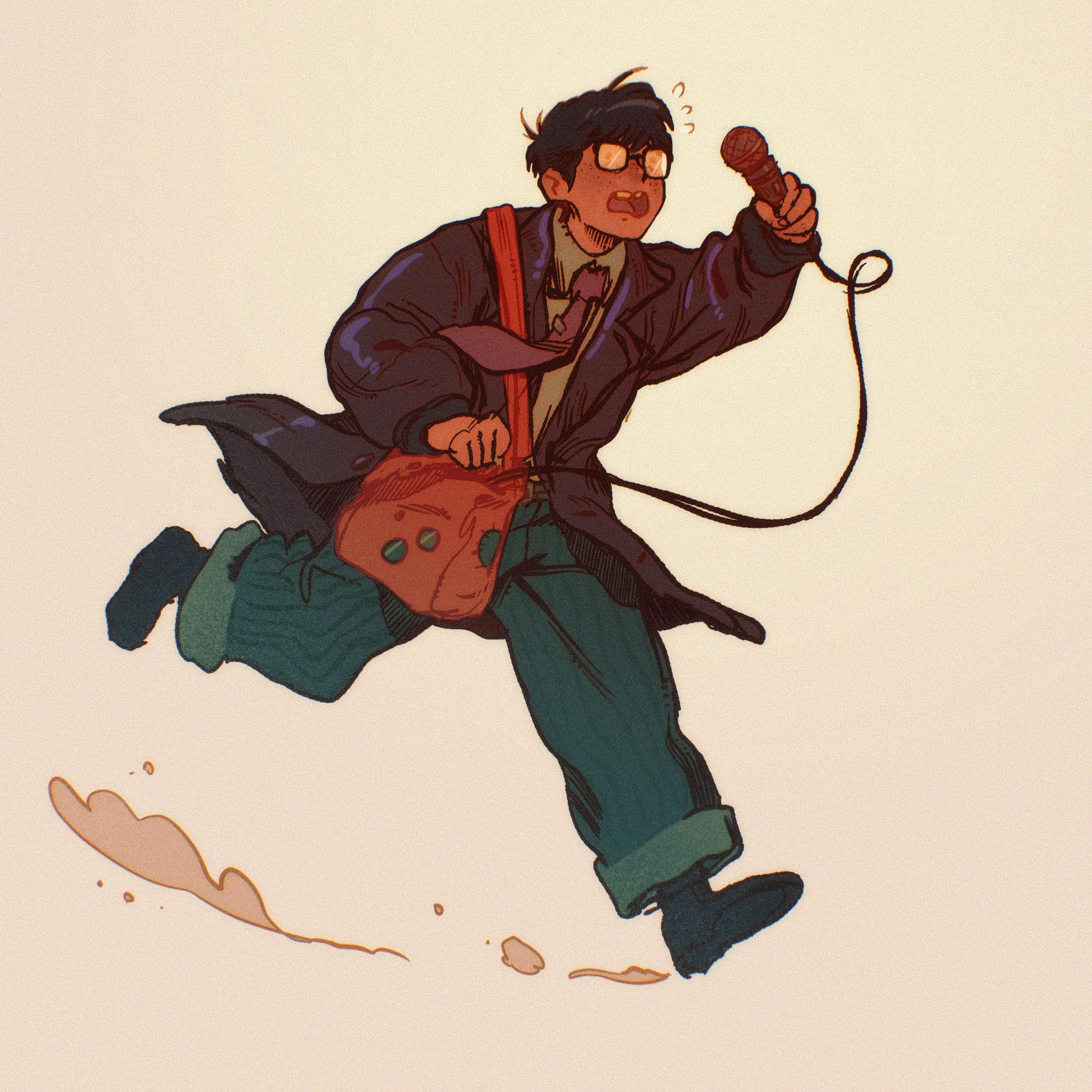 Albertine by chabric. A short dark haired reporter running after something or someone, holding a mic.