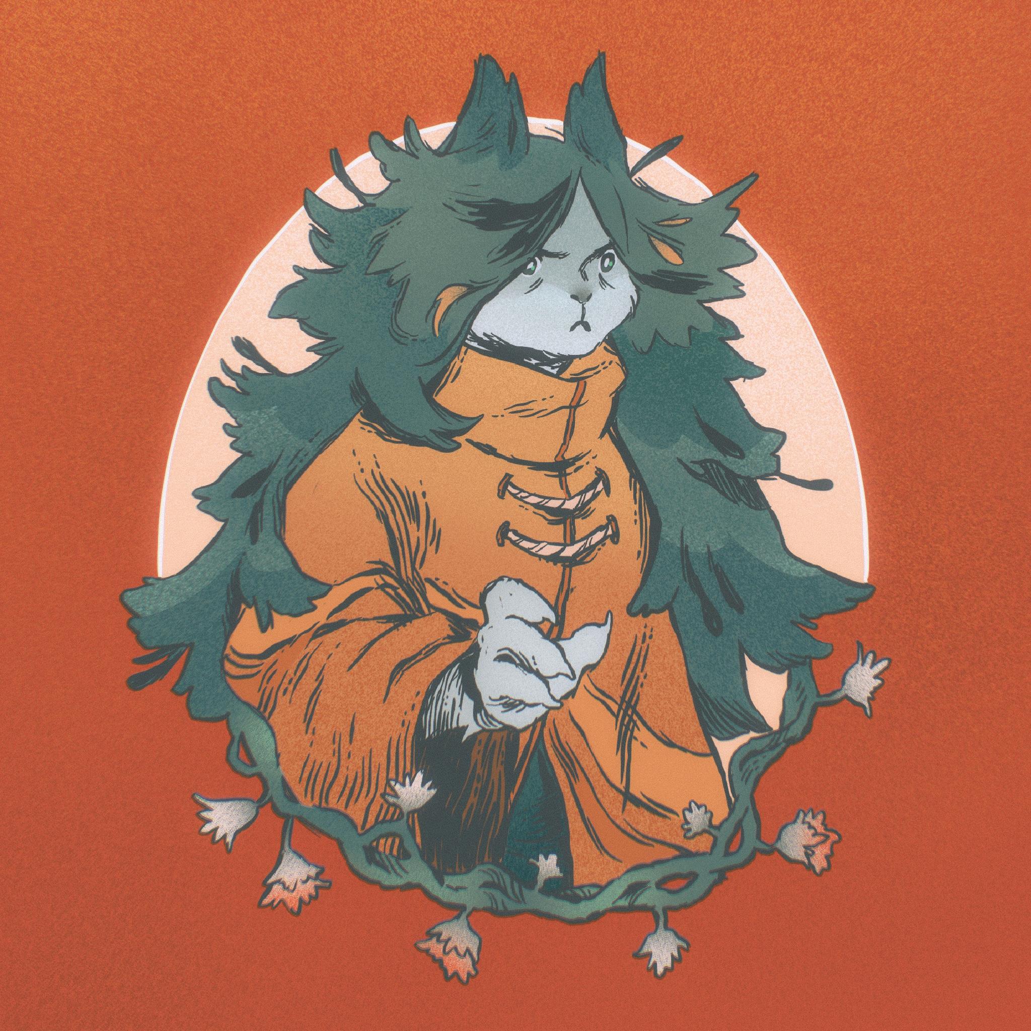 Hazel by Echarpo. A little cat like  creature in an orange cloak with messy green hair looking like evergreen needles.