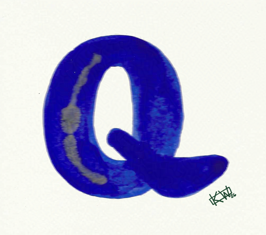Watercolor of upper case letter Q in a lovely shade of blue with gold swirls.