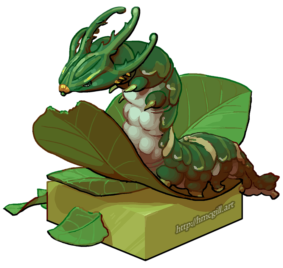 Painterly, cel-shaded art of a dragon-headed caterpillar on an isometric chunk of lime-green marble. The caterpillar is chunky, green with offwhite chevrons going down its back, and a white belly. Its head has four long spiky horn-like appendages, and its face is weirdly aerodynamic with a wee orange mouth at the end to gently nibble a leaf. The caterpillar's nest is big waxy leaves to keep its little toes from getting cold on the marble mount. Bits of chewed leaf drift off to the side. Watermark: http://hmcgill.art