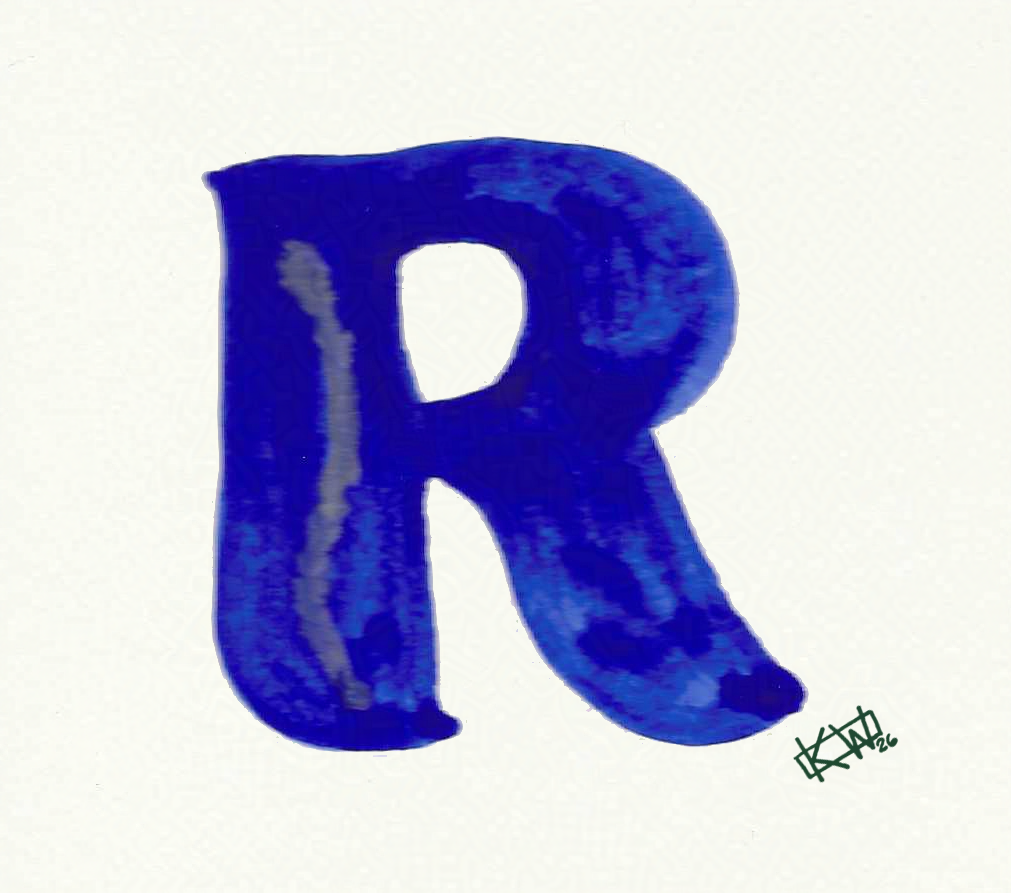 Watercolor of upper case letter R in a lovely shade of blue with gold swirls.