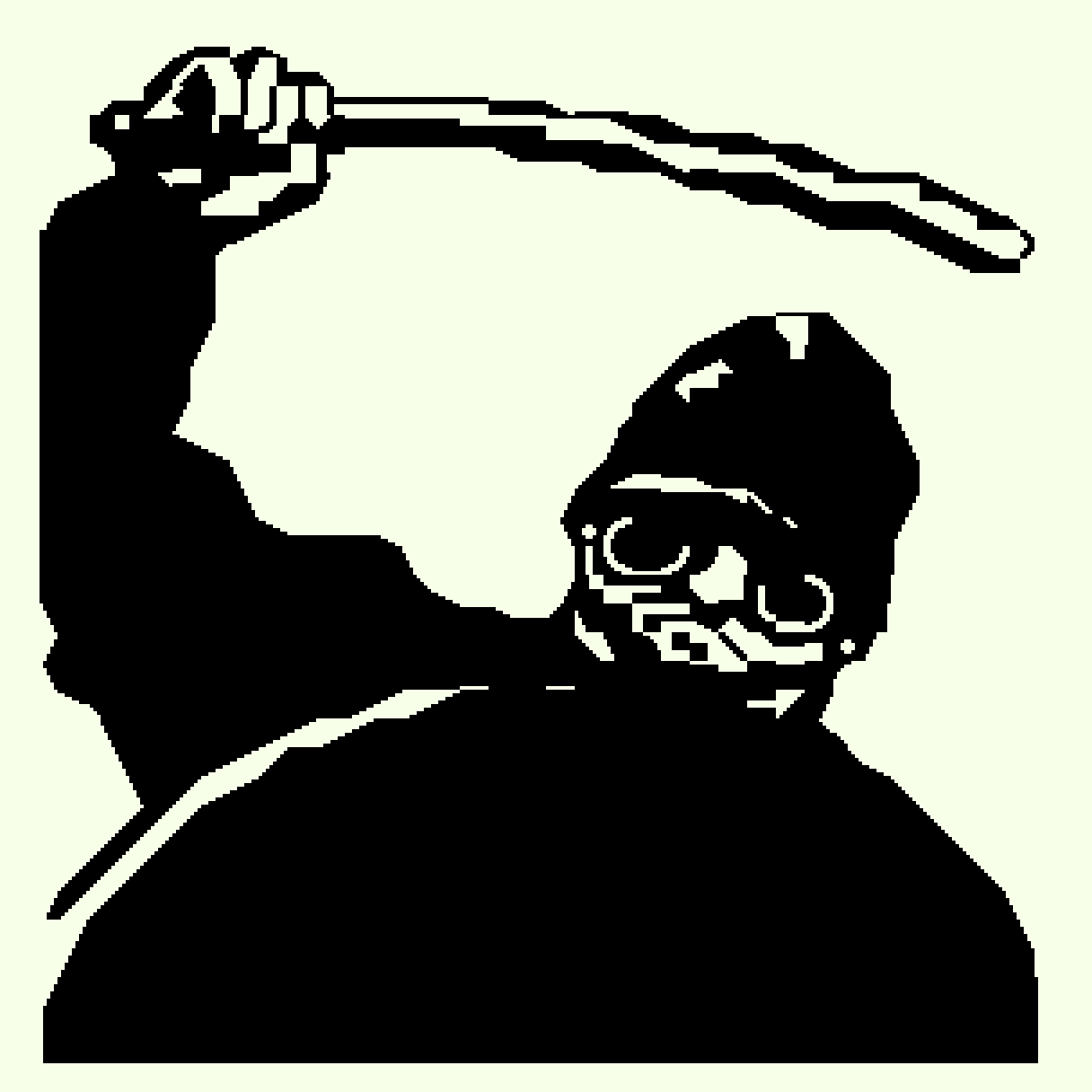A black on white cop silhouette holding a round shield while striking with a baton toward spectator direction. Cop is wearing protective helmet and glasses and is making an ominous expressionless face. Picture is made of 8x8 pixel semigraphic characters giving it a chunky aspect.