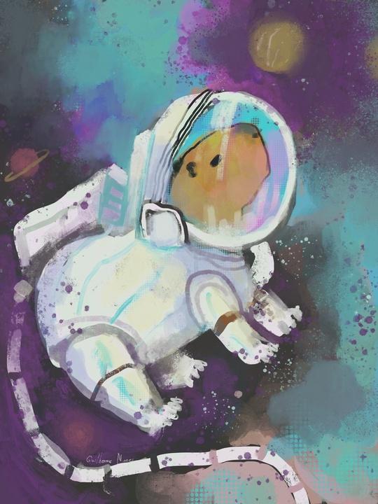 painting of a capybara dressed as an astronaut in the space