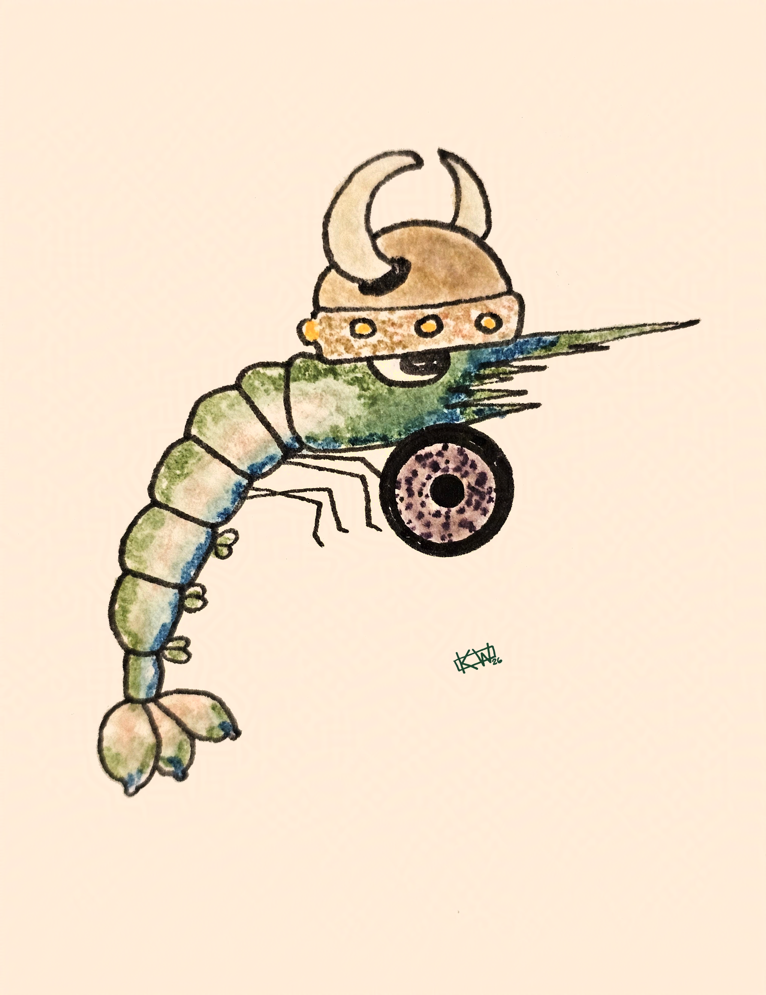 Ink doodle of a shrimp wearing a viking helmet with horns and carrying a shield.