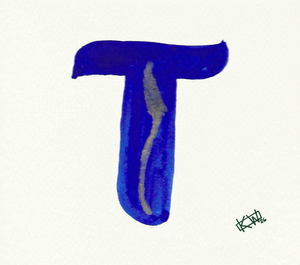 Watercolor of upper case letter T in a lovely shade of blue with gold swirls.