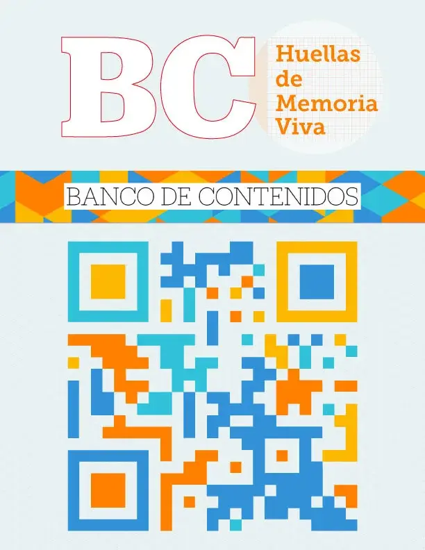 Pieza de la marca Banco de Contenidos: siglas BC con el lema «Huellas de Memoria Viva», franja de triángulos de colores y un código QR en naranja y azules.